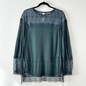 Free People New Romantics Green Lace Tie Sleeve Top